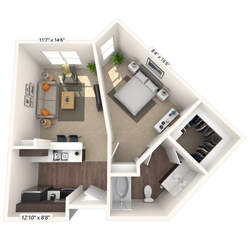 Floor plan for 1 bed, 1 bath, 659 sqft